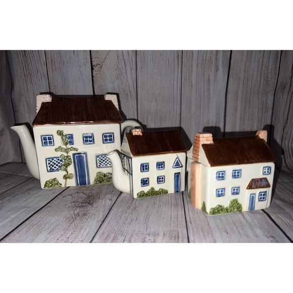 Haldon Group Blue Cream Ceramic Kitchen English Cottage Village Town Tea Set 3x - Picture 3 of 16
